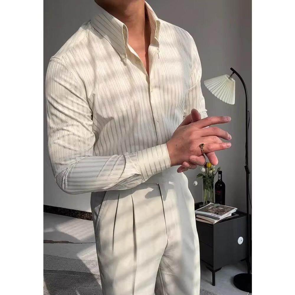 慕绅男士帝领条纹衬衫通勤修身商务休闲时尚抗皱痞帅长轴衬衣男,男装衬衫,星座1506