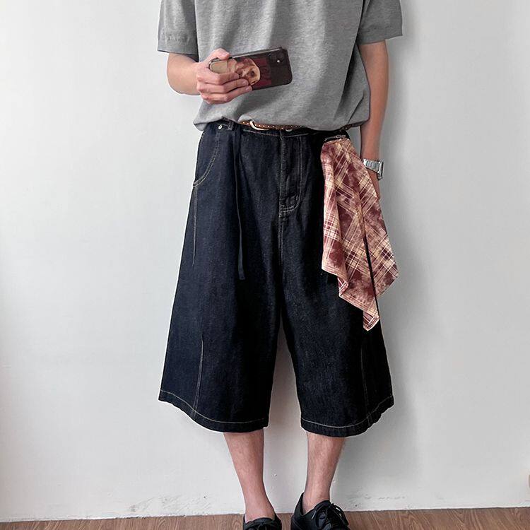1506/Q284/P40美式撞色方巾黑色丹宁原牛仔短裤男女宽松七分裤潮,男装牛仔裤,星座1506