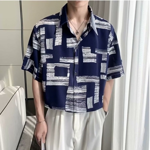 1506/QCS090/P29高品质短袖衬衫男夏冰丝度假花衬衣条纹宽松半袖图片