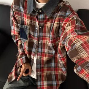 1506/QJ020/P44美式复古长袖格子衬衫男秋牛仔领黄色格纹外套2图片