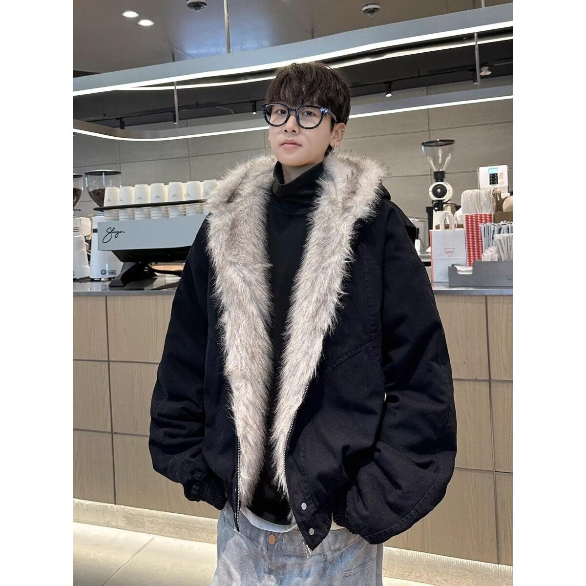 1506/Q86130/P90毛棉袄男士冬季座山雕连帽棉衣冬装情侣棉服外套图片