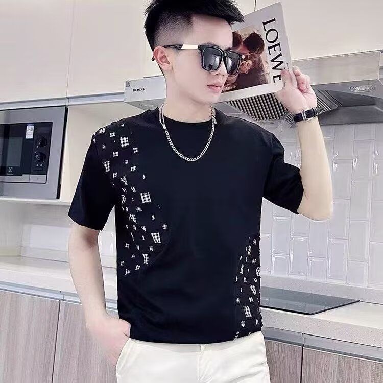 1506/Q238/P39夏季短袖t恤男装半袖拼接体恤2025潮牌ins衣服,男装T恤,星座1506