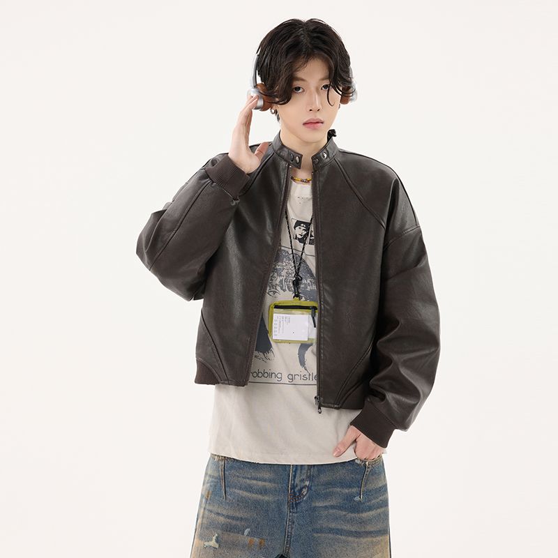 1506/QZSD040/P114黑色立领小皮衣外套男女早秋短款机车PU皮夹克,男装皮衣,星座1506