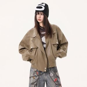 1506/QZSD060/P122复古飞行员皮衣夹克女2025秋美拉德棕色pu外套图片