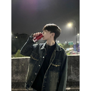 1506/QCT8020/P63美式复古毛须水洗高街潮牌宽松男女牛仔外套2图片