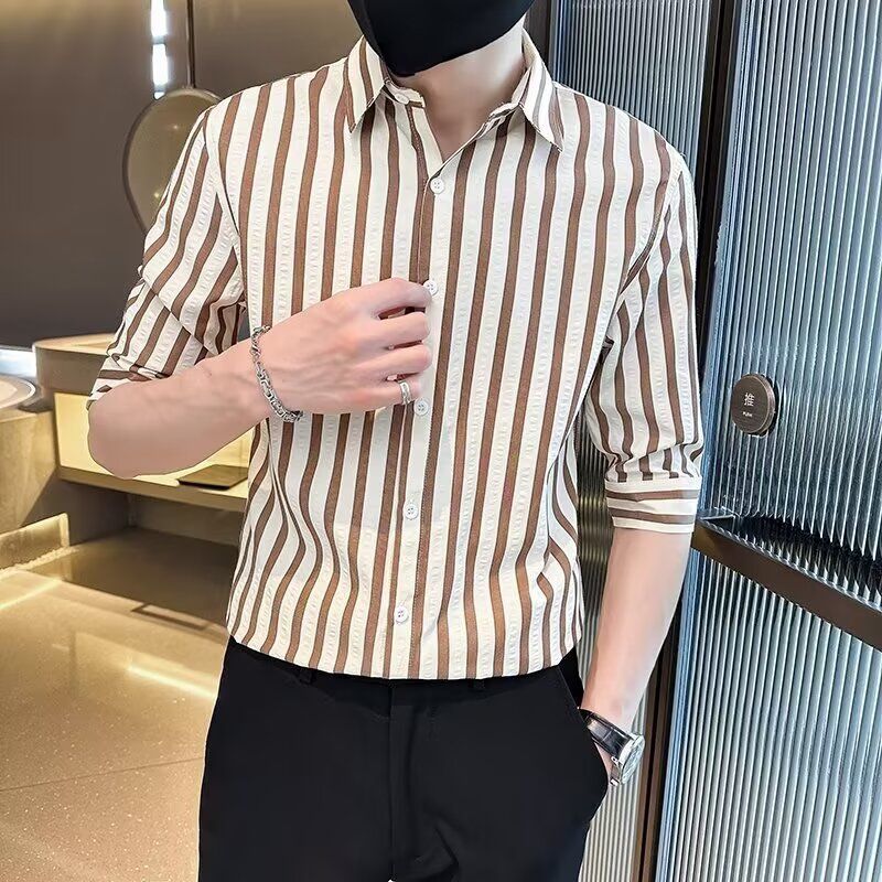 1506/QC5130/P36衬衫男条纹寸衣抗皱免烫休闲真丝衬衫2025年潮,男装衬衫,星座1506