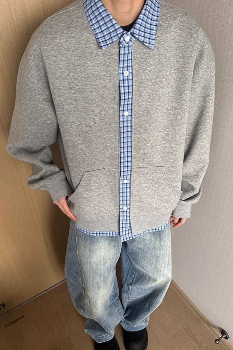 1506/Q82840/P50假两件格子翻领休闲卫衣男女同款POLO领卫衣潮2,男装Polo衫,星座1506