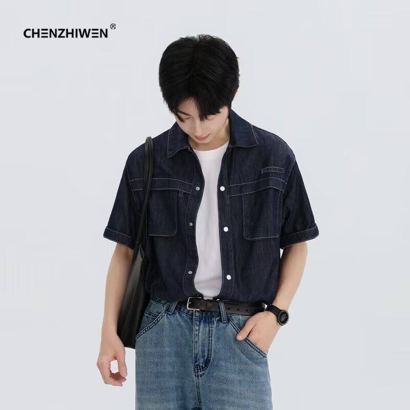 1506/QC1510/P54夏季男士工装牛仔短袖日系百搭衬衣宽松复古衬衫，男装T恤，星座1506