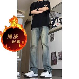 1506/Q52021加绒0/P45美式牛仔裤男修身显瘦复古冬季加绒微喇裤1图片