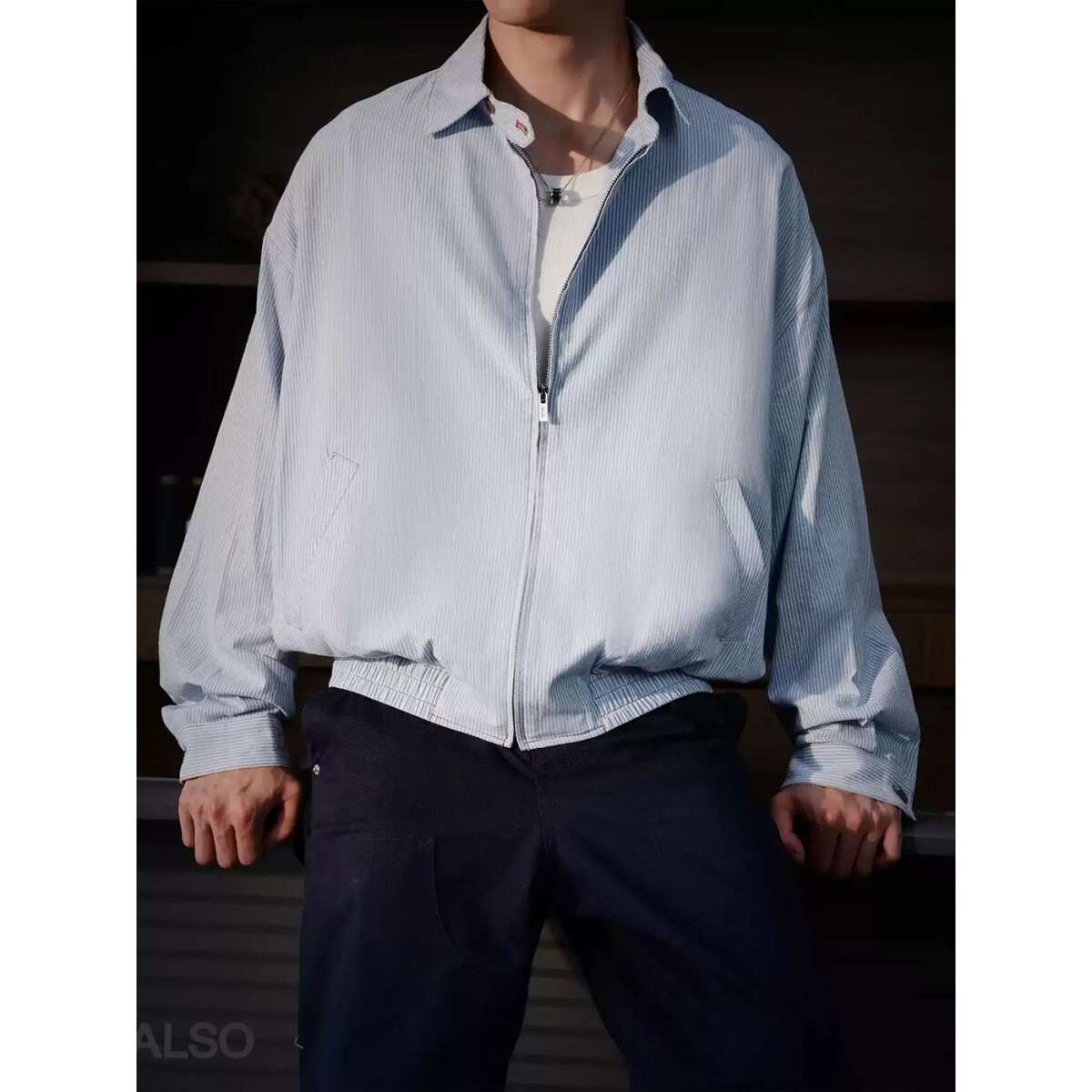 蓝白条纹短款外套男款cleanfit欧若风高级感拉链衬衫正肩翻领夹克,男装夹克,星座1506