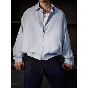 蓝白条纹短款外套男款cleanfit欧若风高级感拉链衬衫正肩翻领夹克图片
