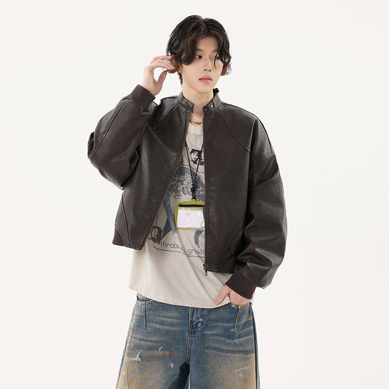 1506/QZSD040/P114黑色立领小皮衣外套男女早秋短款机车PU皮夹克1,男装皮衣,星座1506