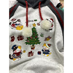 1506/Q5070/P64小猫刺绣连帽卫衣男女冬季插肩袖撞色加绒卫衣1图片
