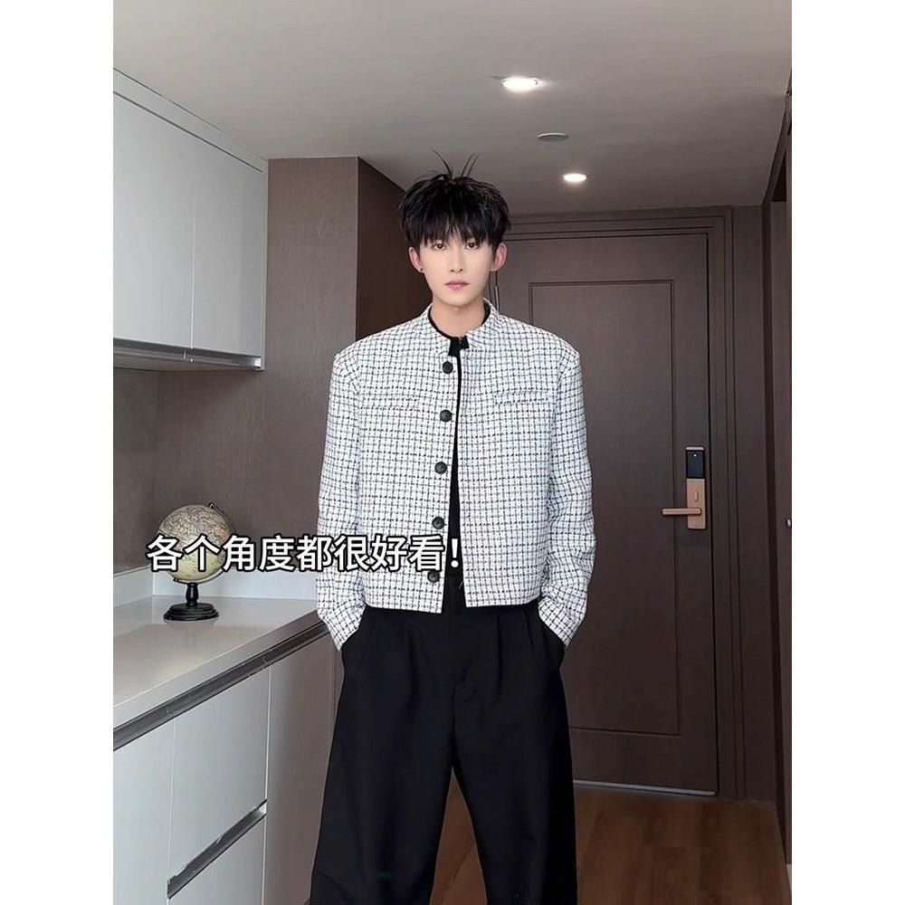 1506/QJ4050/P62白色小香风西装外套男韩系夹克短款千鸟格西服，男装西服，星座1506