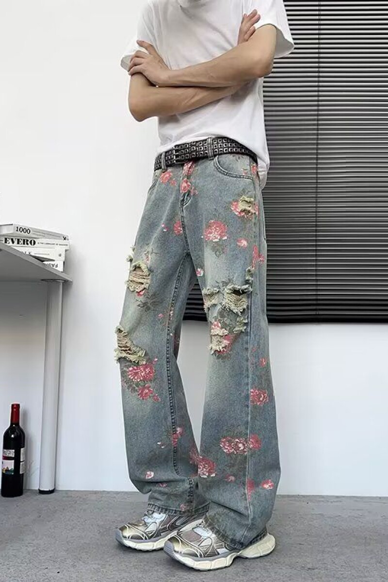 美式高街花卉破洞牛仔裤男痞帅高级感显瘦裤子cleanfit直筒微喇裤,男装牛仔裤,星座1506