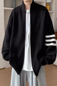 1506/QY780/P56双拉链立领开衫毛衣男秋冬外套宽松三条杠针织衫2图片