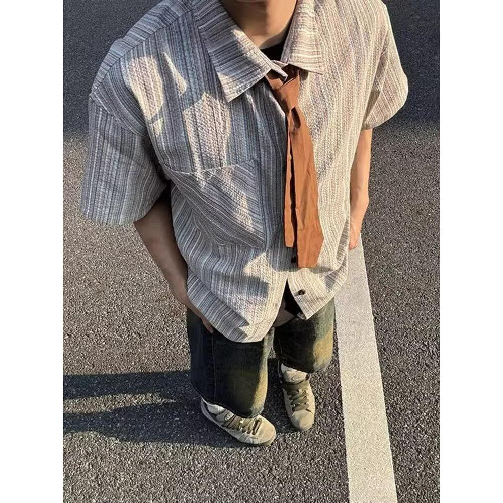 1506/QC2210/P38夏季条纹五分袖衬衫男休闲宽松领带短袖衬衣潮,男装T恤,星座1506