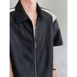 1506/Q22750/P50撞色拼接短袖衬衫男垫肩高级感尼龙褶皱半袖衬衣图片