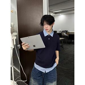 1506/QT50550/P41假两件短袖男衬衫拼接t恤重磅美式学院风polo衫图片