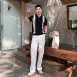 1506/QB2990/P49撞色条纹翻领POLO衫男高品质冰丝针织短袖t恤，男装T恤，星座1506