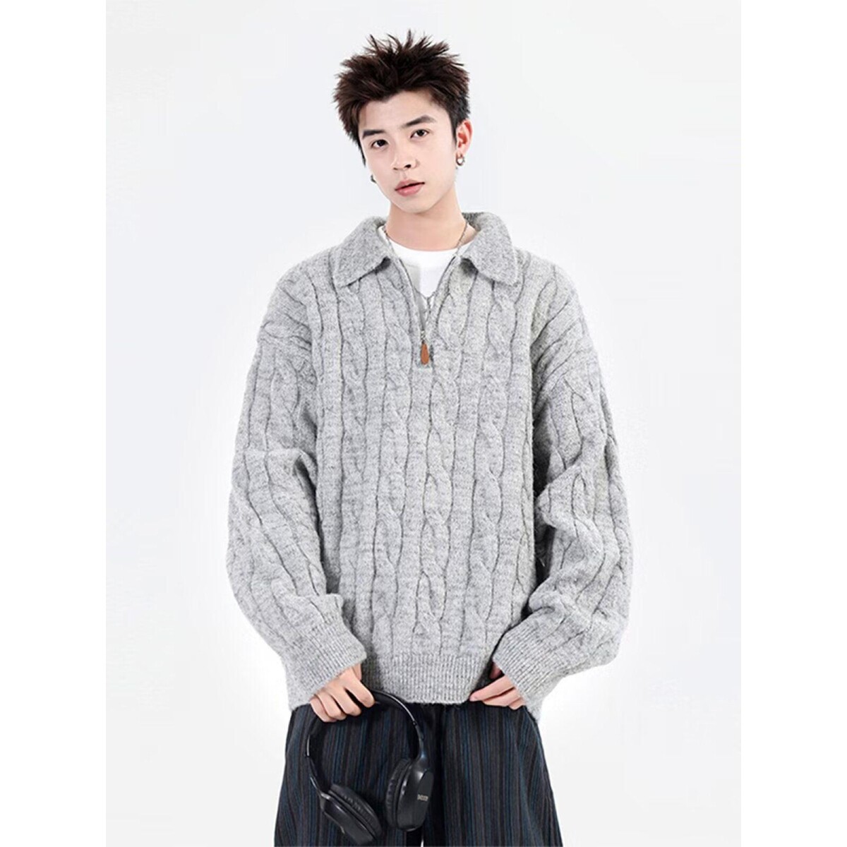 1506/QM710/P57美式复古休闲慵懒风V领针织衫男纯色外套3图片