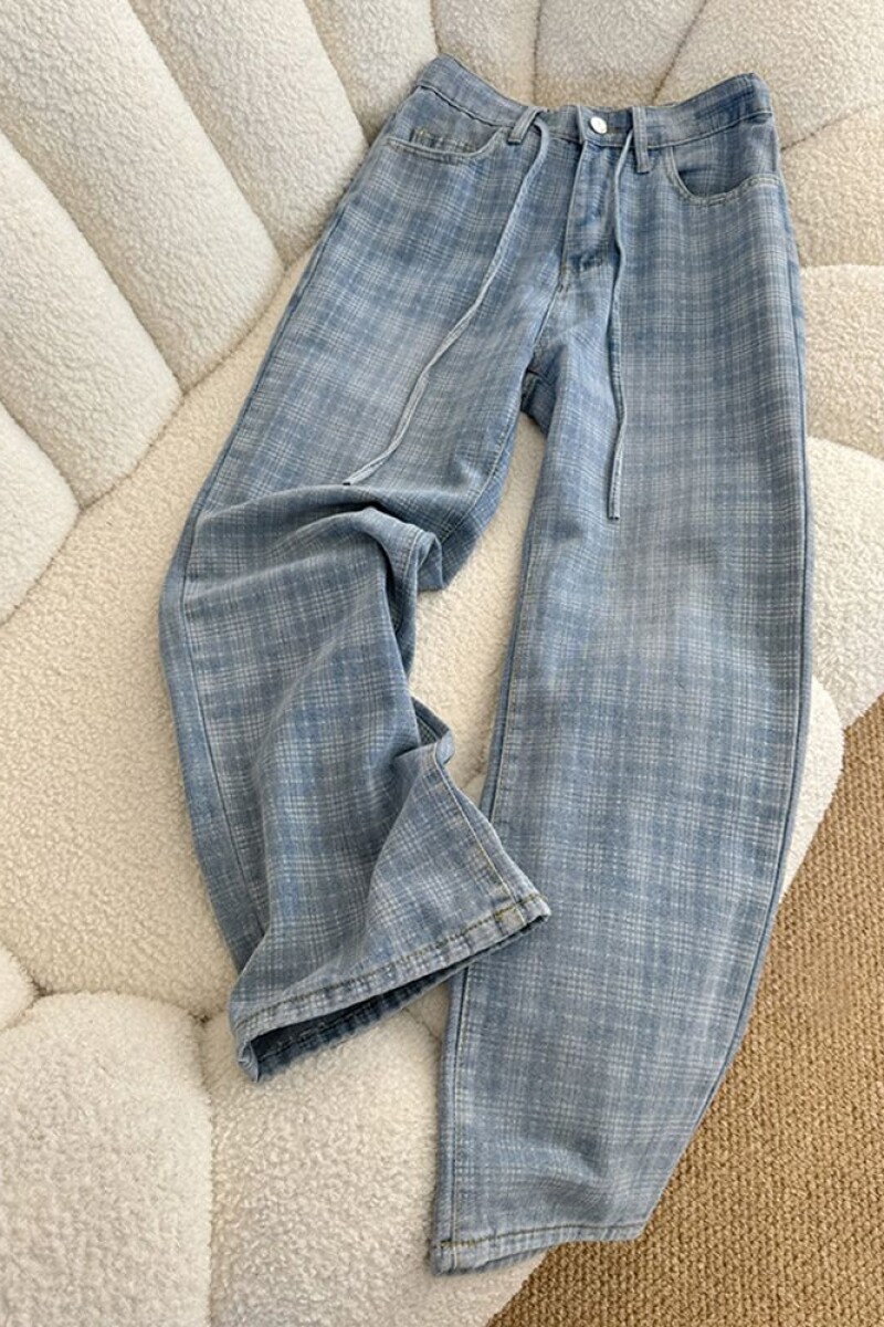 1506/QB7170/P44浅蓝色格纹系带休闲裤宽松显瘦直筒牛仔裤阔腿裤,男装牛仔裤,星座1506