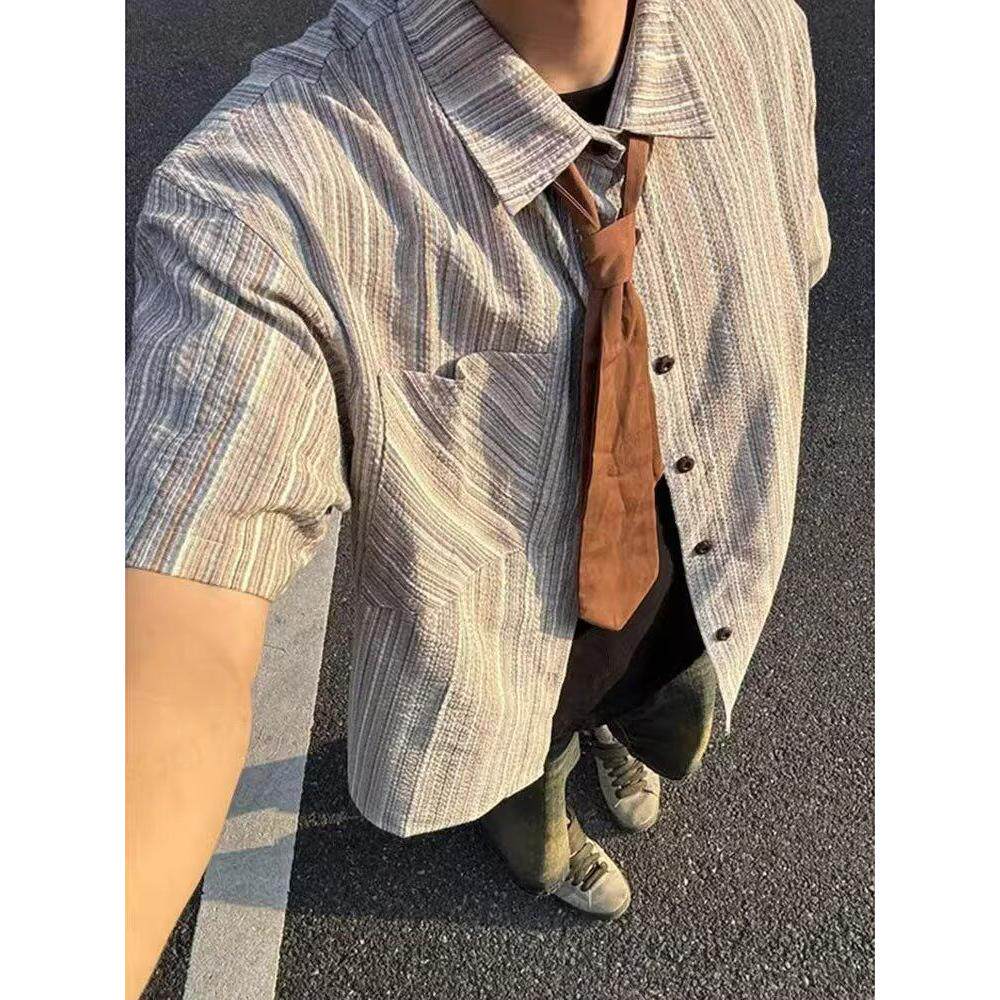 1506/QC2210/P38夏季条纹五分袖衬衫男休闲宽松领带短袖衬衣潮图片