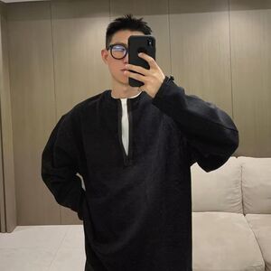 1506/Q88040/P46日系长袖卫衣男女宽松复古华夫格情侣T恤半拉链图片