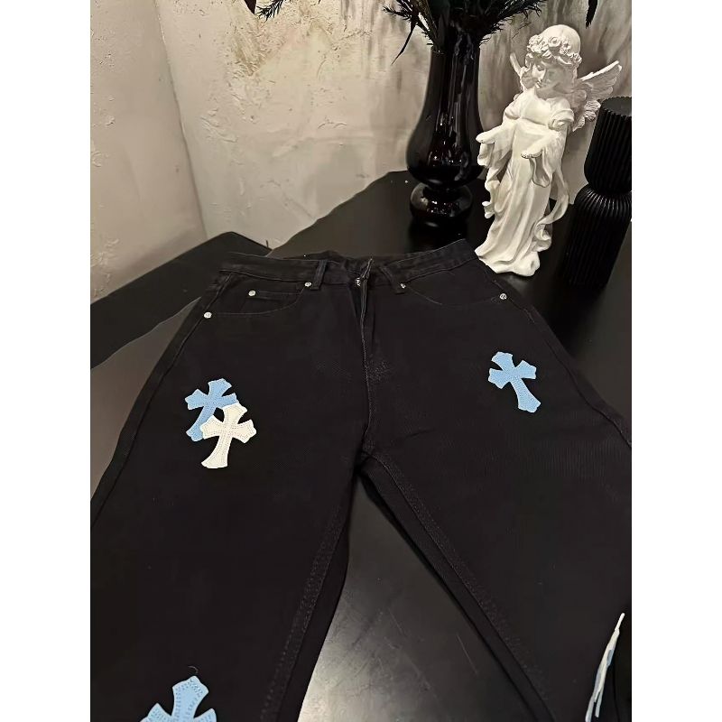 1506/Q21460/P52十字架阔腿黑色牛仔裤女秋冬休闲男1,男装牛仔裤,星座1506