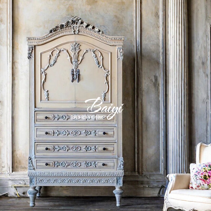 法式复古做旧双门衣柜置物柜欧式实木雕花卧室储物柜收纳柜餐边柜