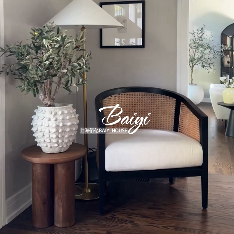 美式乡村复古沙发椅法式黑色藤编单人休闲椅简约高级感实木懒人椅