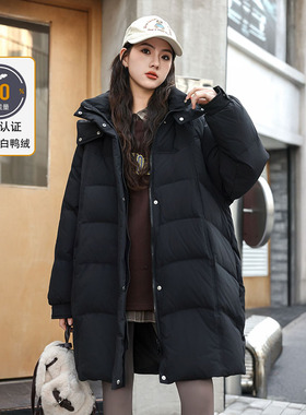骄骄虎女大童羽绒服2025冬季新款女童连帽外套90白鸭绒中长款J916