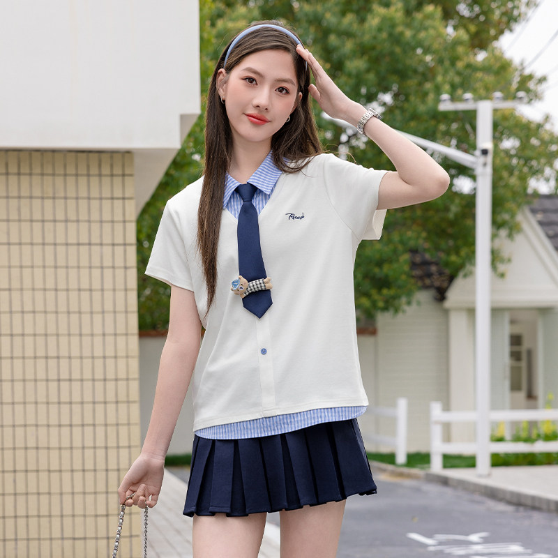 女童夏季短袖t恤骄骄虎2026新款初中生学院风polo领体恤上衣9099