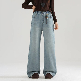 骄骄虎女童加绒牛仔裤2025冬季新款一体绒高弹力牛仔裤直筒裤7516