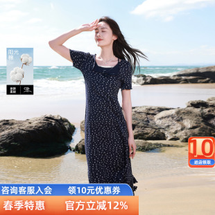 新款 2026夏季 藏青碎花连衣裙收腰包臀显瘦胖MM 女装 三彩若潮大码