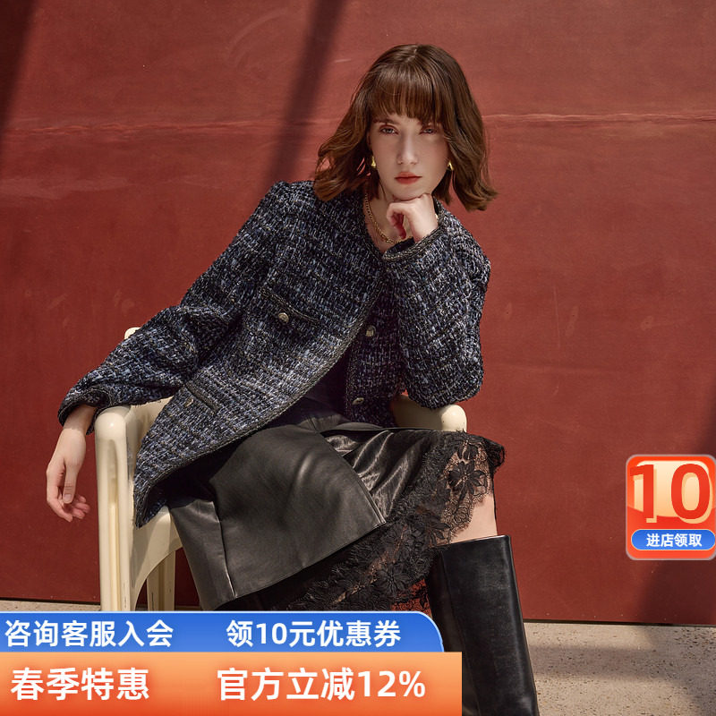 三彩2024冬静奢香风毛呢外套高定粗花呢棉大衣中长宽松优雅女S