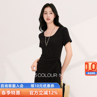 长裙小黑裙M 简约复古方领休闲直筒裙连衣裙短袖 三彩2026夏季 新款