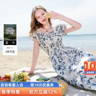 连衣裙印花U领收腰A字裙泡泡袖 新款 三彩2026夏季 中长裙M 100棉