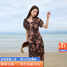 三彩大码女装2025夏季新款法式复古玫瑰印花连衣裙圆领收腰胖MM女