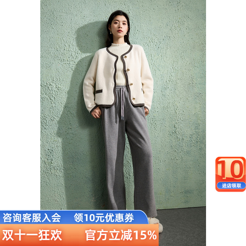 三彩若潮大码女装2024冬季新款中腰加绒直筒休闲长裤慵懒抽绳胖MM