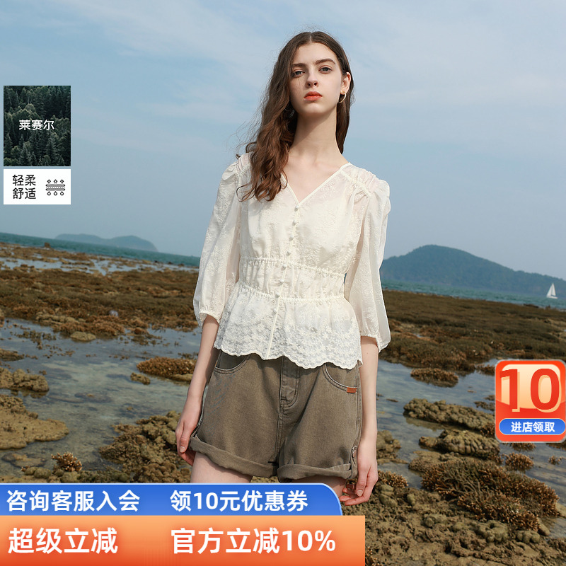三彩2025夏季新款七分袖蕾丝衫