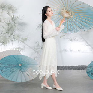 三彩【霓裳羽衣】2026春季新款新中式连衣裙提花飘带长裙C女