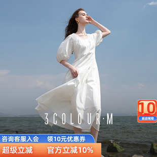 连衣裙大摆长裙浪漫M女 三彩2025夏季 新款 简约法式 小白裙灯笼袖