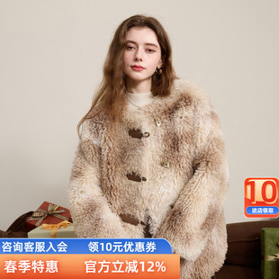 三彩独醒2024冬季环保皮草仿托卡卷毛外套圆领毛绒上衣保暖女F