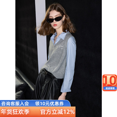 三彩ibudu2025春季新款学院假两件长袖针织衫套头毛衣字母绣花女