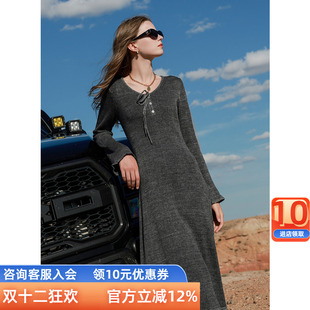 喇叭袖 针织连衣裙V领修身 长裙A字裙系带简约女M 新款 三彩2024冬季