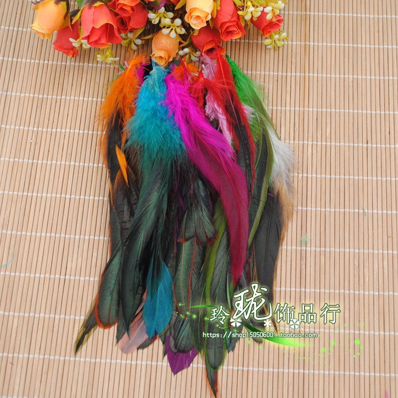 100根DIY配件多色发绿光鸡毛12-18cm 接发羽毛 彩色鸡毛耳环羽毛