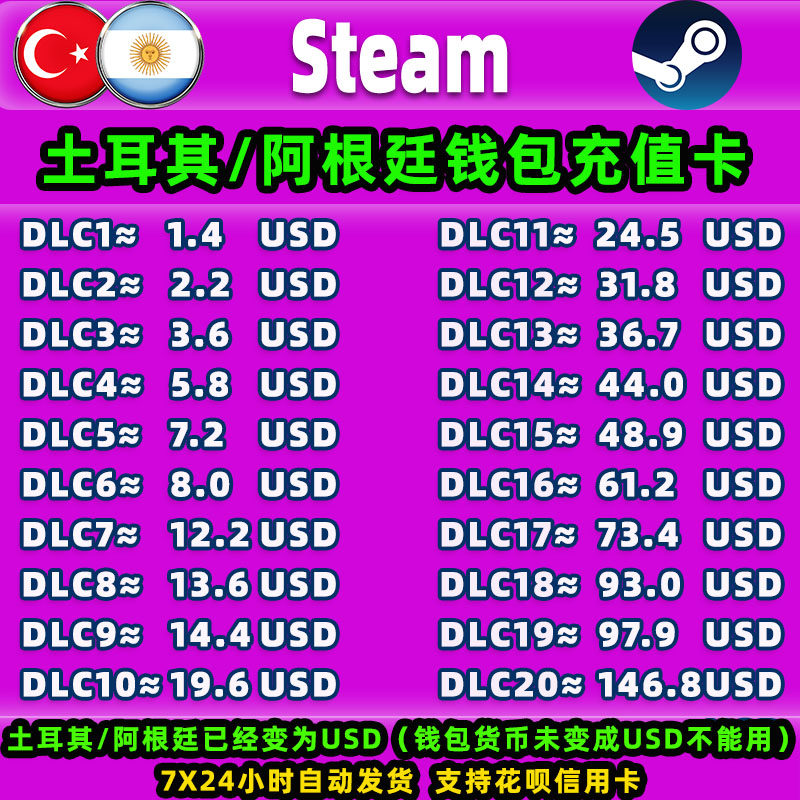 Steam土耳其阿根廷充值卡cdk账户充钱卡钱包充值码礼品卡美金余额