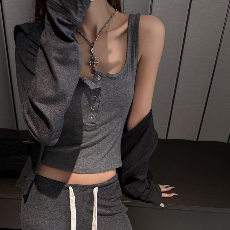 韩系纽扣设计感百搭打底小背心吊带女士内搭短款紧身外穿无袖上衣