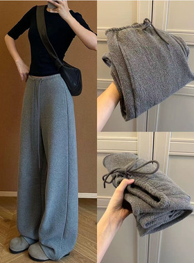 灰色韩系休闲风低腰竹节香蕉裤女秋冬2025新款加绒保暖弯刀阔腿裤